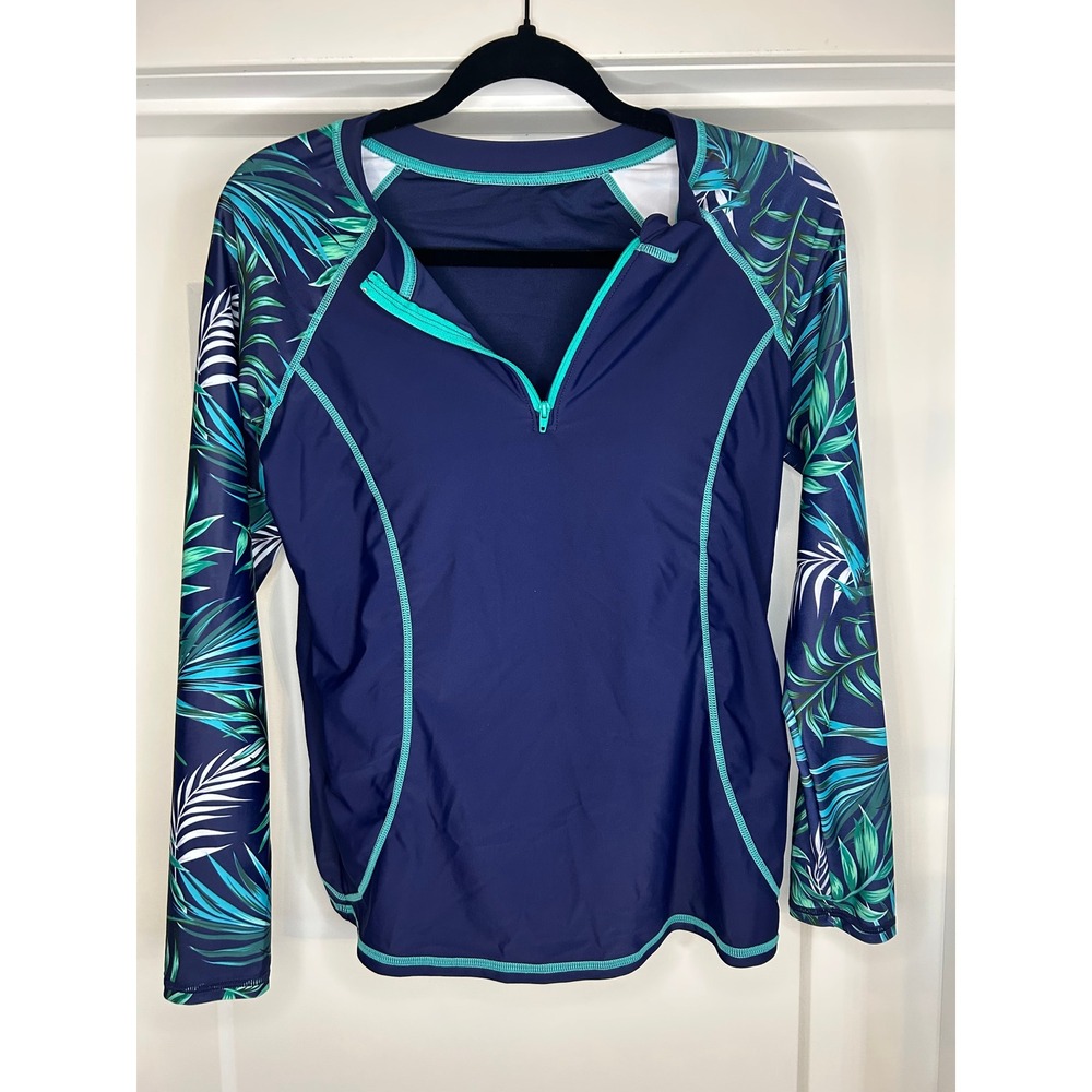 NEW Aqua‎ Eve Womens Navy Tropical Palm Long Sleeve Rash Guard Swim Shirt Small